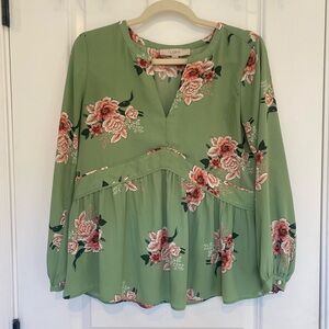 LOFT Sage Green Floral V-Neck Blouse XS